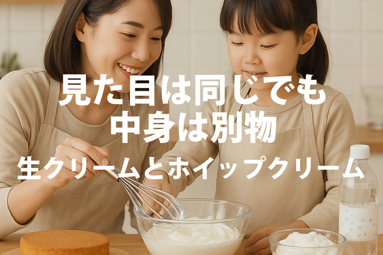 母親と幼い娘が明るいキッチンで一緒に生クリームを泡立てている様子。自然光に包まれた穏やかな雰囲気の中、親子でお菓子作りを楽しみながら、健康に配慮した食材選びを学ぶイメージ。