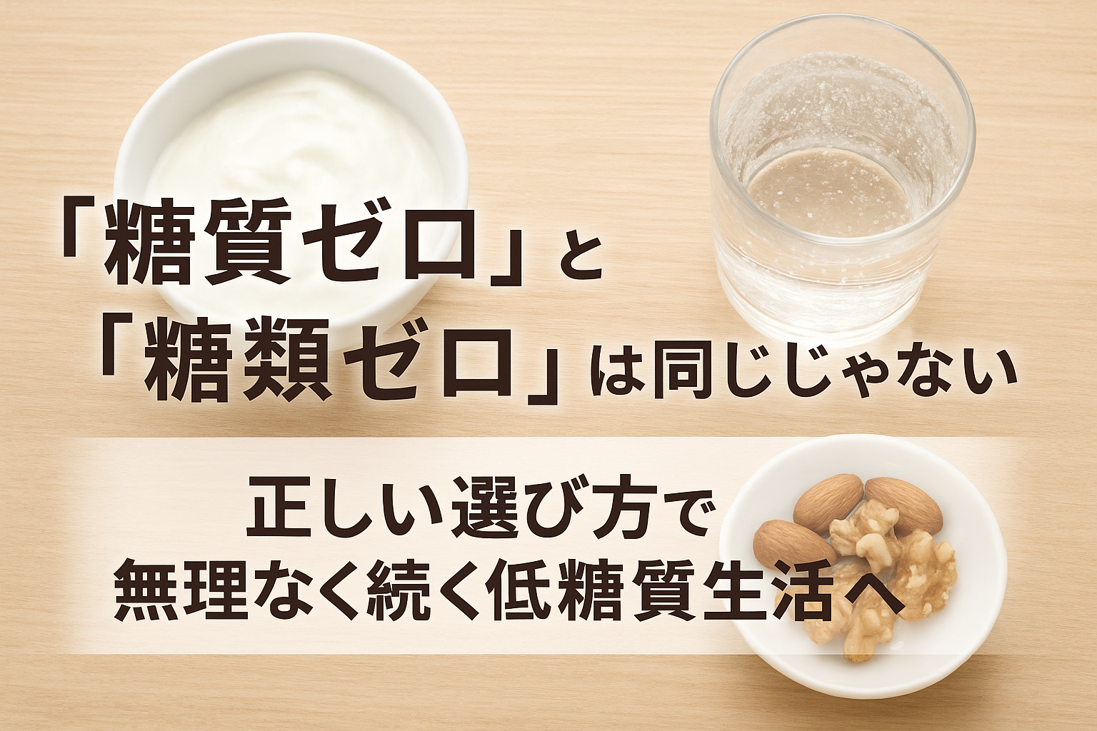 低糖質生活を続けたい人向けに、「糖質ゼロ」と「糖類ゼロ」の違いをわかりやすく伝えるアイキャッチ画像。ヨーグルト、炭酸水、ナッツが並ぶ健康的な食卓と共に、正しい選び方を訴えるデザイン。