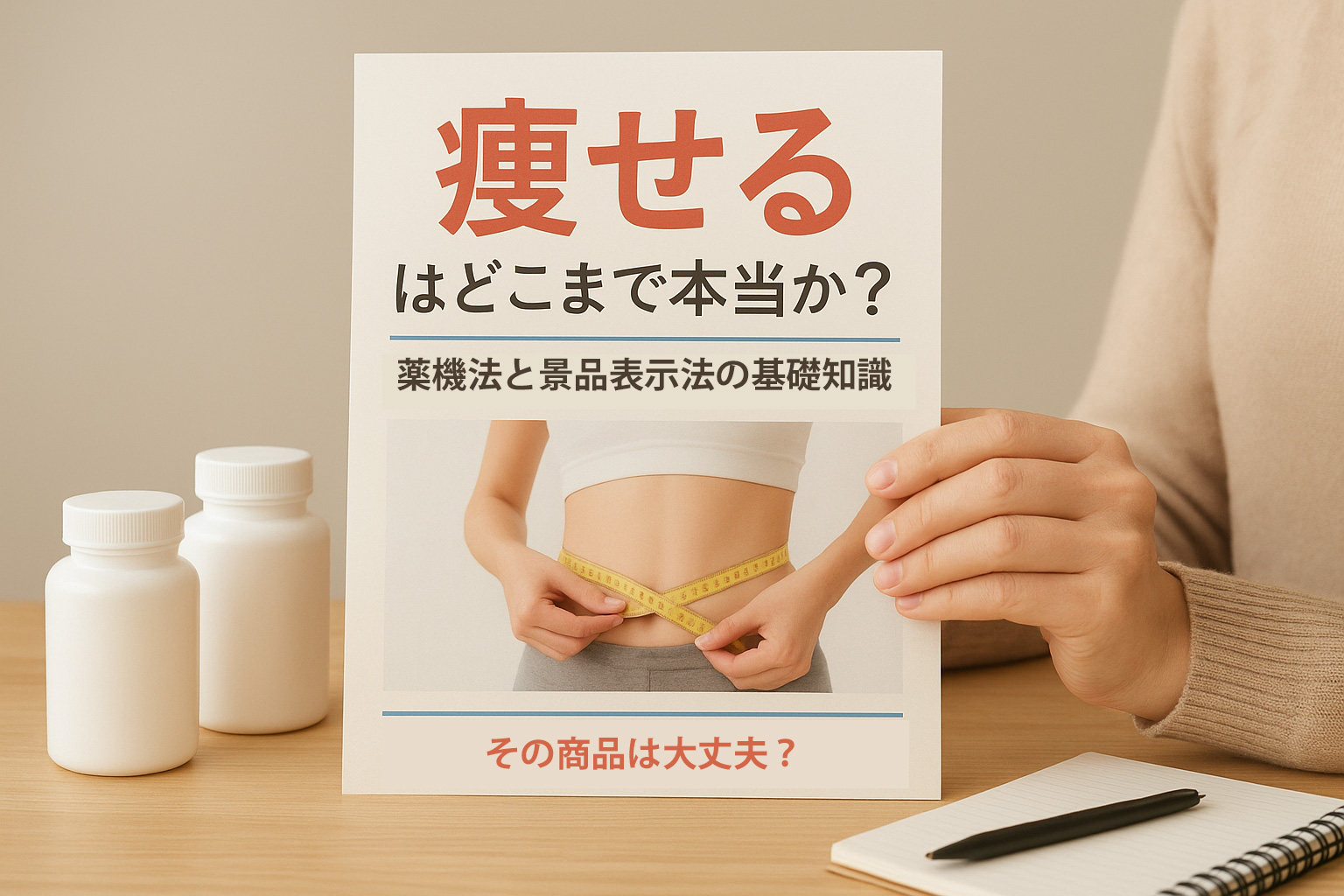 机の上で冊子を手に持つ人物。冊子には“痩せる はどこまで本当か？ 薬機法と景品表示法の基礎知識 その商品は大丈夫？”という文字と、腹まわりを測る様子の写真が印刷されている。横に白いボトルが置かれている。