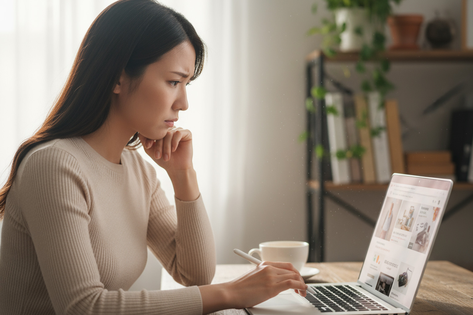 商品の原材料表示を見て悩んでいる女性の写真