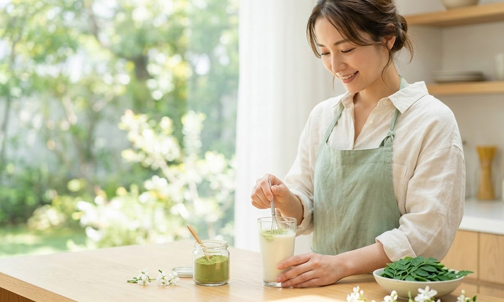 モリンガのパウダーを飲み物に混ぜる女性のイメージ