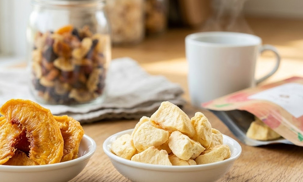 ドライピーチが食卓にならんで、紅茶と一緒に楽しむイメージ