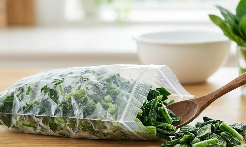 ジップロックから冷凍ほうれん草を取り出しているイメージ