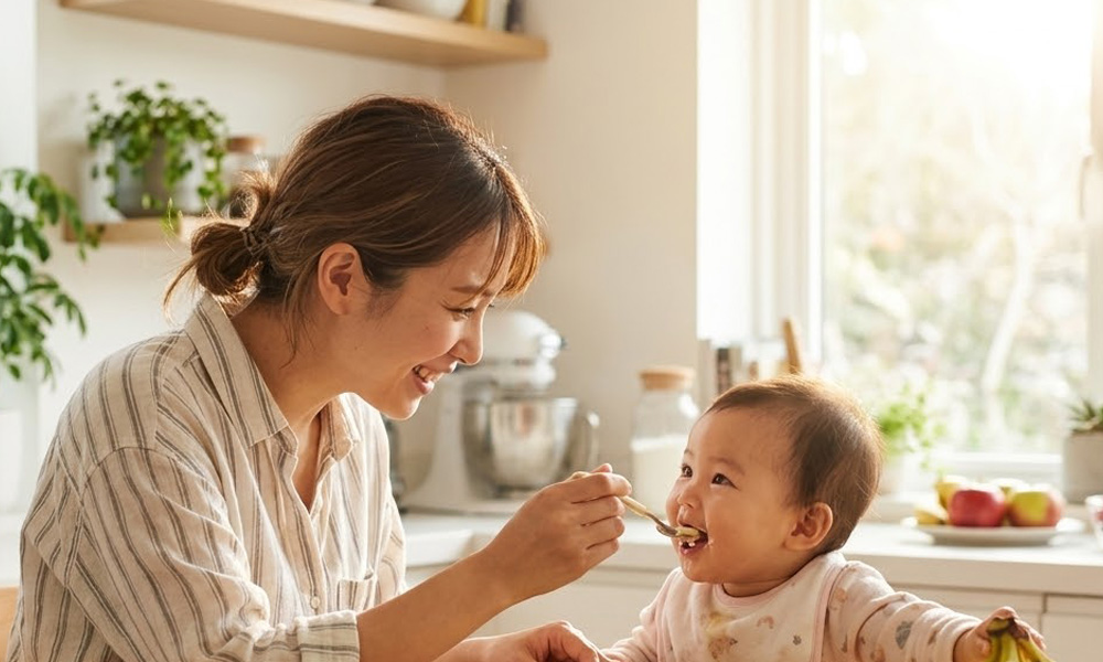母親が子供に離乳食を食べさせる明るい食卓のイメージ
