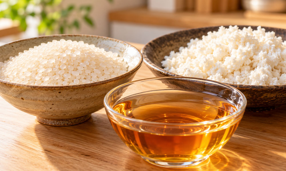 木製の台に並べたもち米、米麹、米と琥珀色の本みりんが入った小鉢