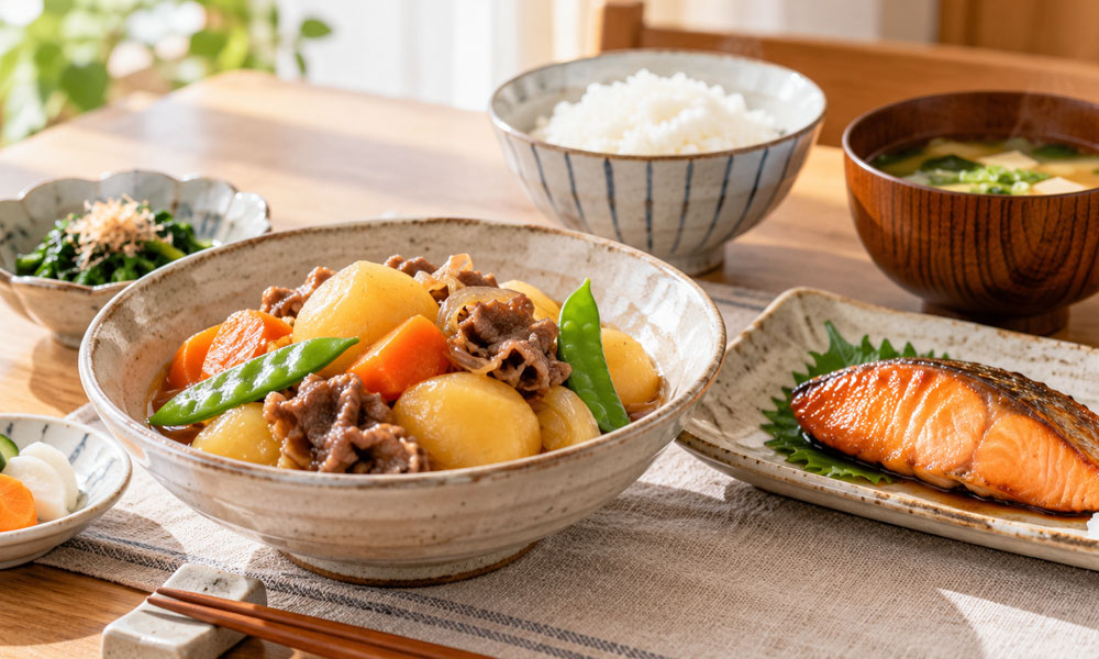 和食の食卓に並んだ肉じゃが、焼き魚、ご飯、汁物と小鉢
