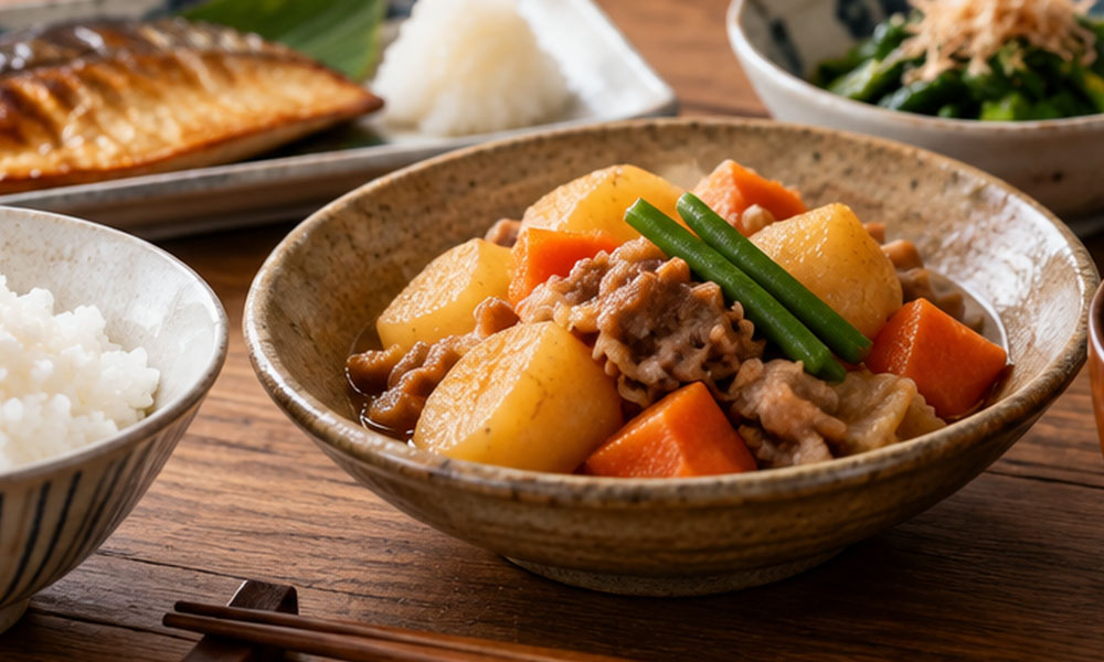 肉じゃが、冷奴、おひたしなど醤油を使った家庭の和食が並ぶ食卓