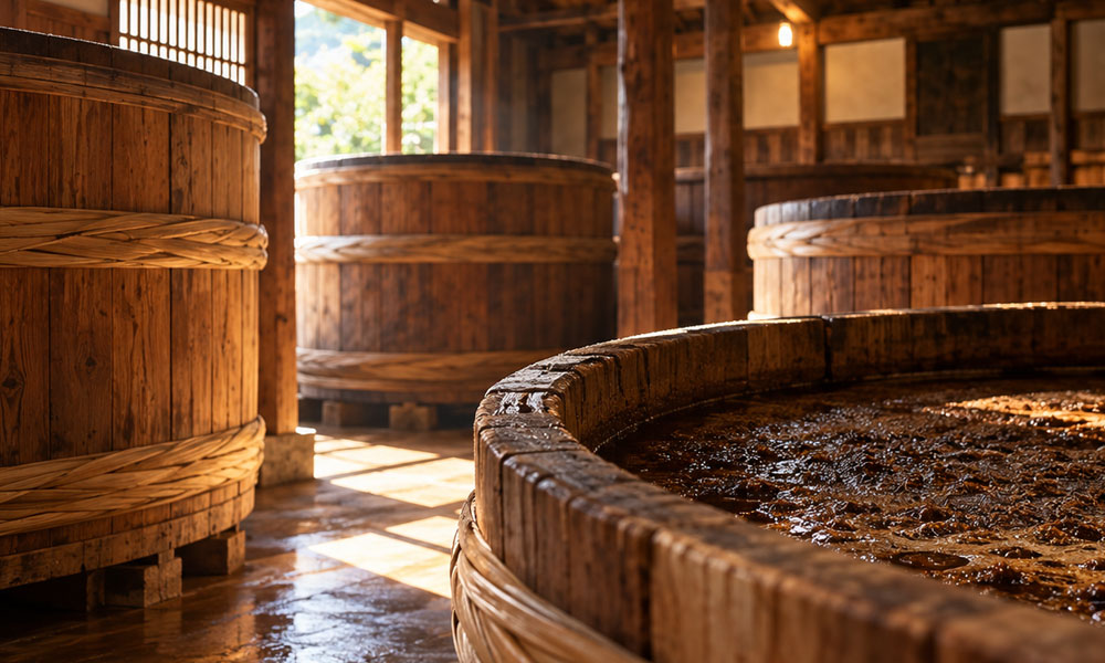 伝統的な醤油蔵で使われる木桶と醸造風景のイメージ