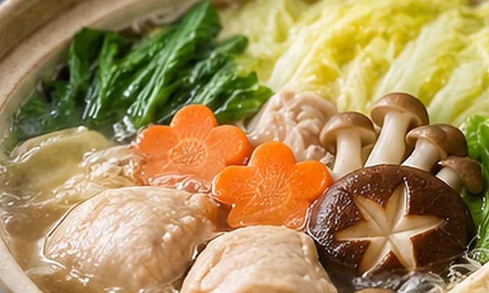 白菜、きのこ、鶏肉、豆腐などが入った温かい寄せ鍋
