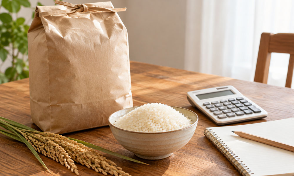 お米と家計管理用の電卓やノートを並べた食卓