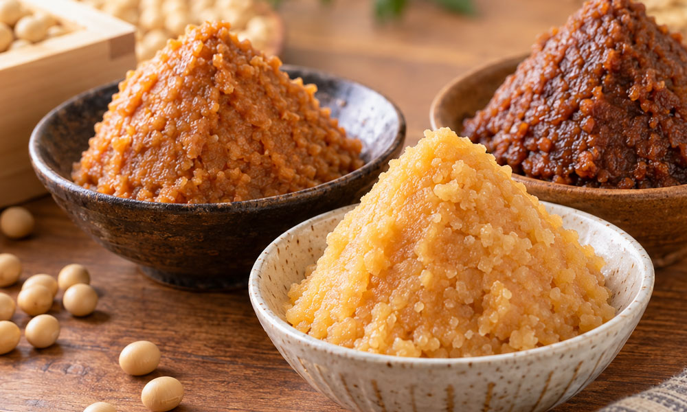 米麹、大豆、米味噌を木製の食卓に並べた様子