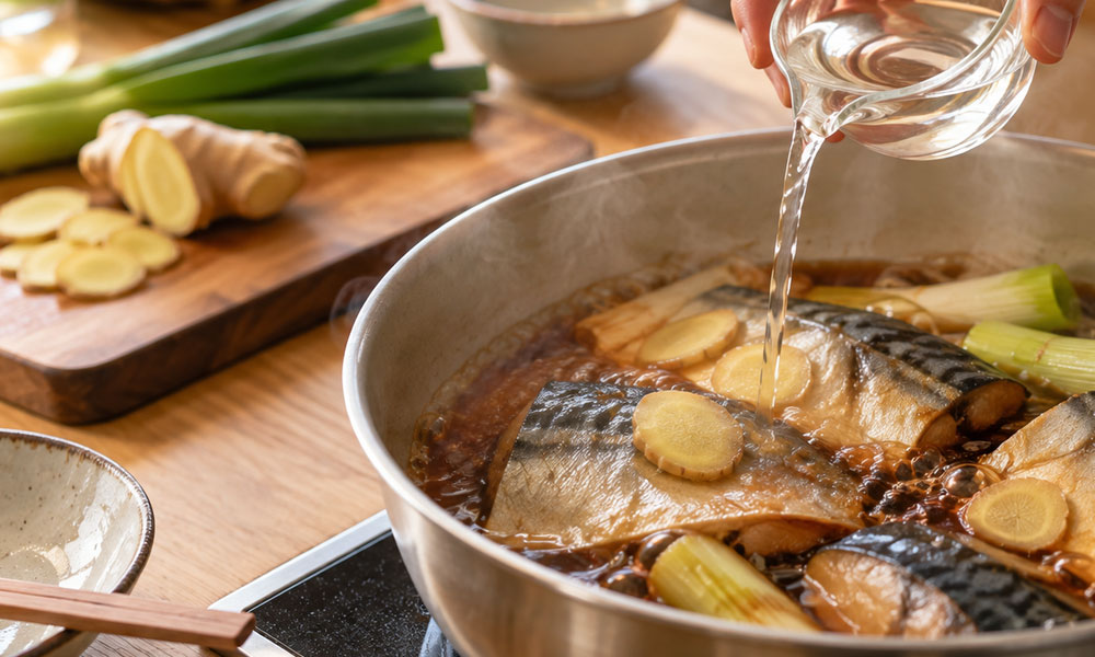 しょうがや長ねぎを加えた魚の煮付けに料理酒を注いで加熱する様子