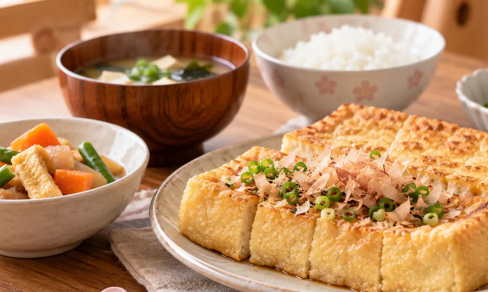 厚みのある油揚げと煮物を並べた食卓