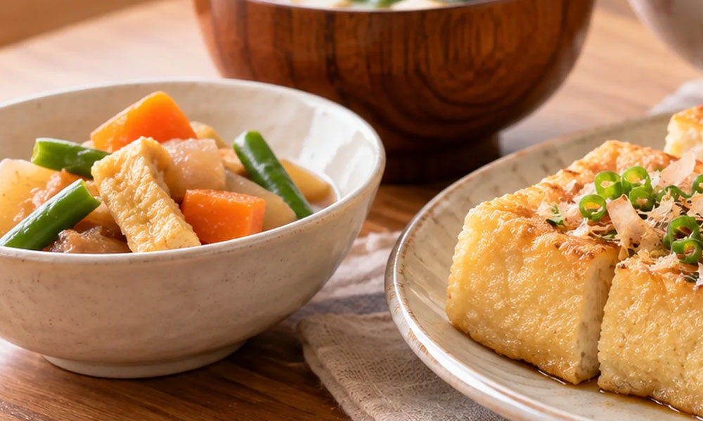 油揚げと野菜の煮物、味噌汁、ご飯を並べた家庭の食卓